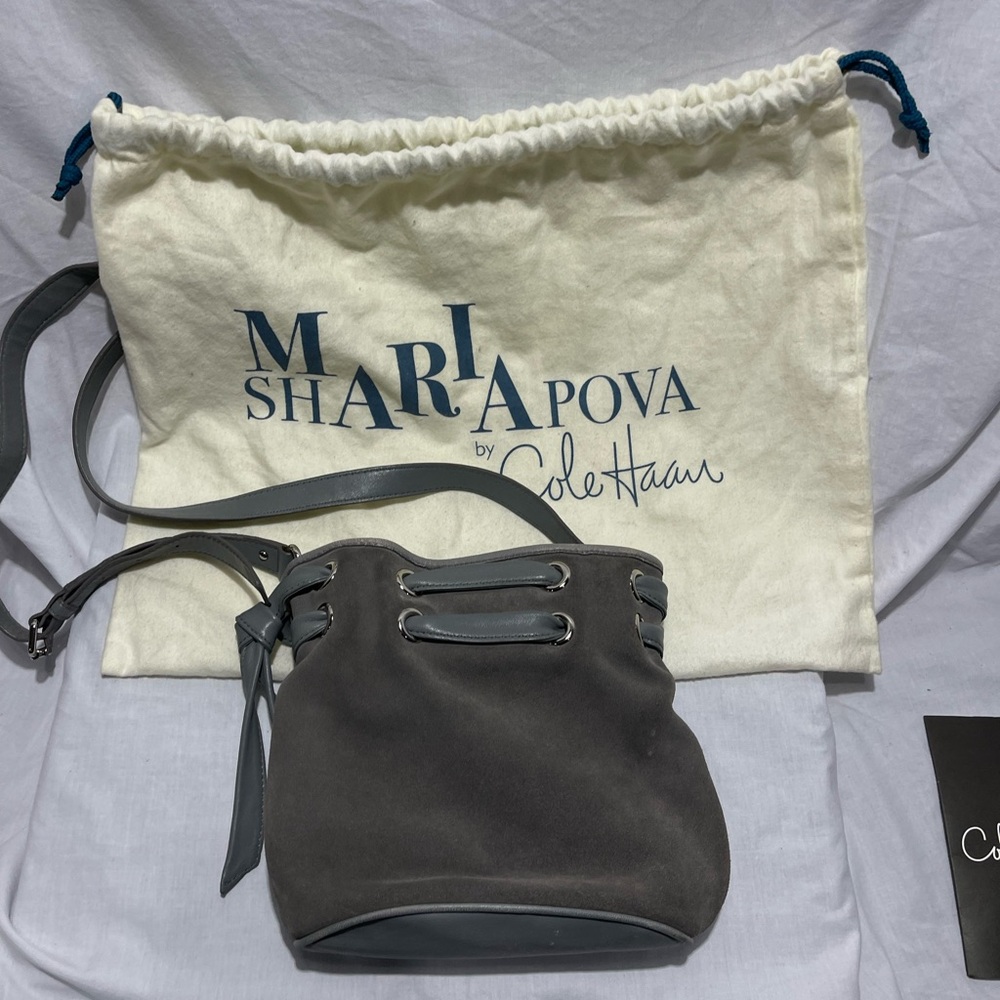 COLE HAAN Gray Suede w Patent Leather Side Buckle Pockets Shoulder Bag Tote